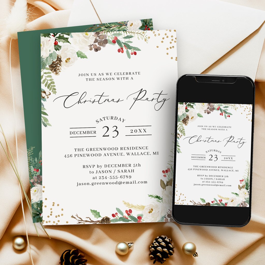 Rustic Winter Floral Holly Berries Christmas Party Invitation