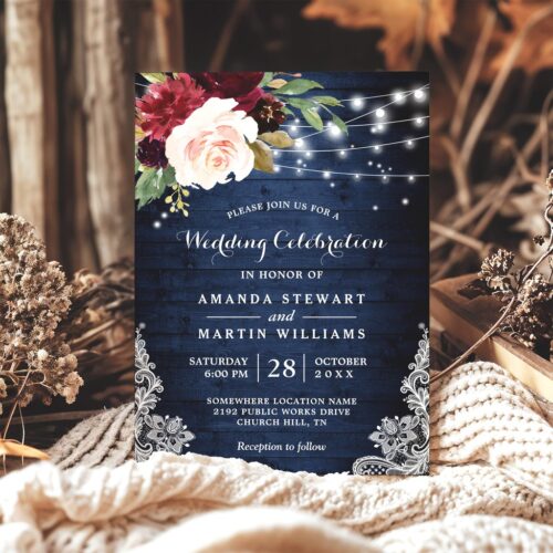 Rustic wood burgundy blue floral lights wedding invitation r w39395 1024