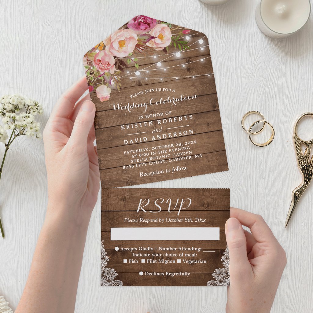 Rustic Wood String Lights Blush Floral Wedding All In One Invitation