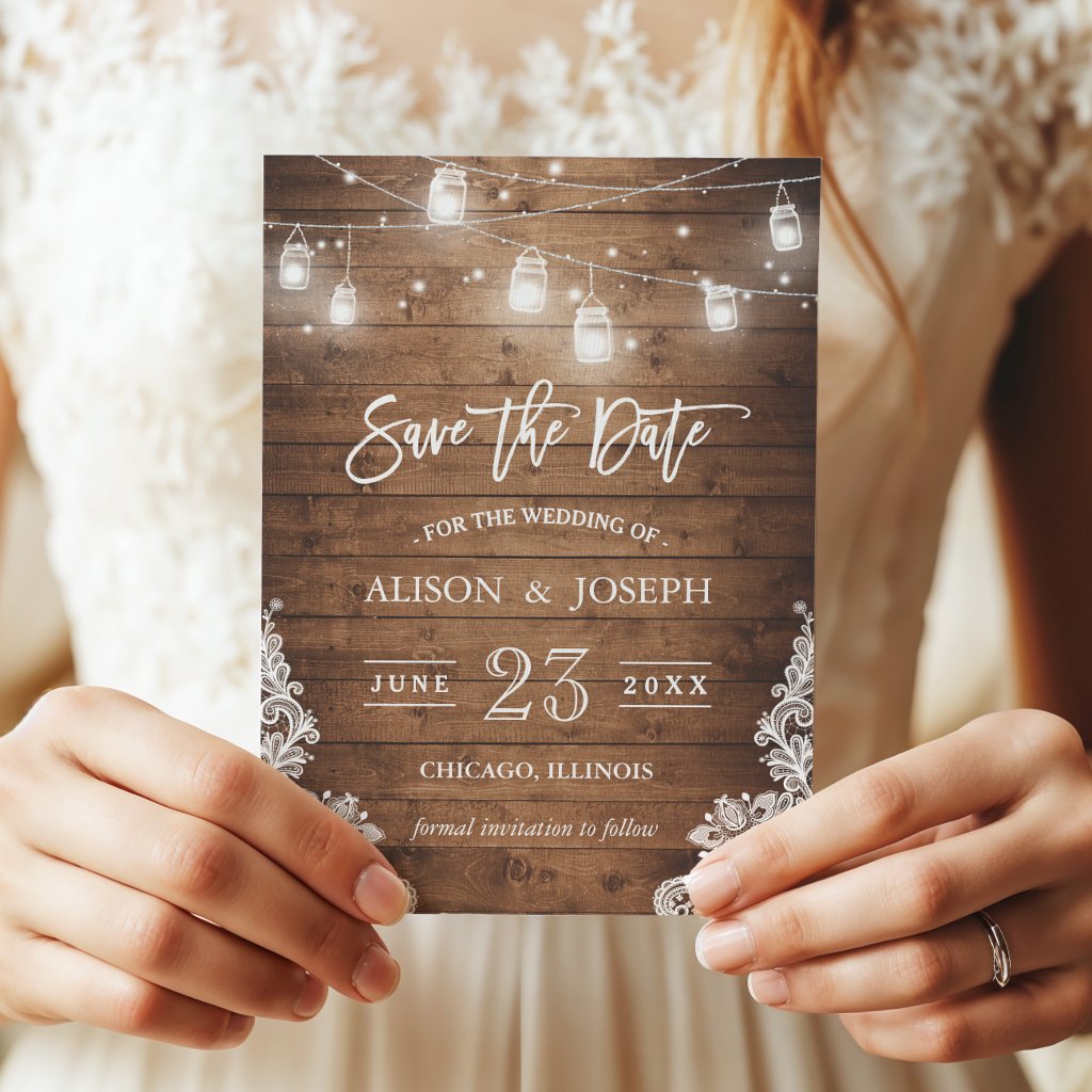 Save The Date Mason Jars Lights Rustic Wood Lace