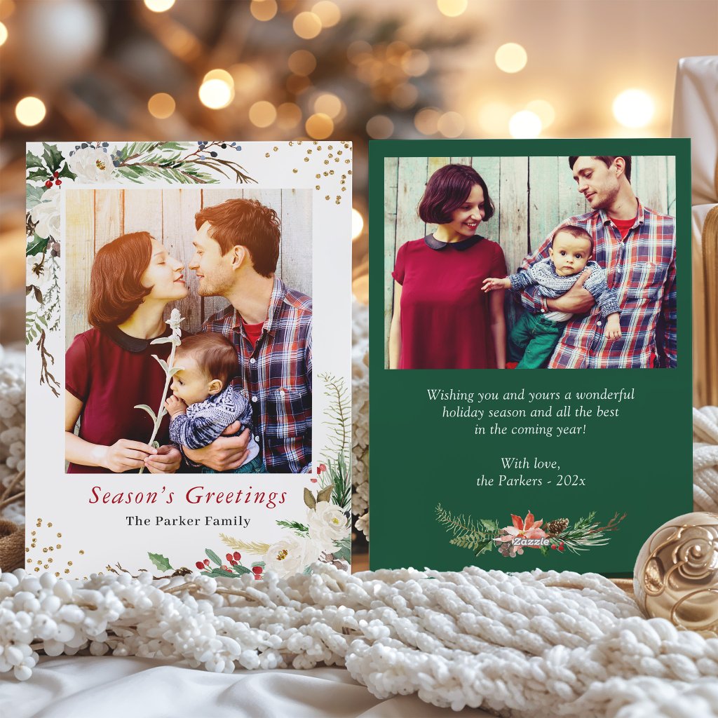 Seasonal Rustic Berries Floral Christmas 2 Photo Holiday Card