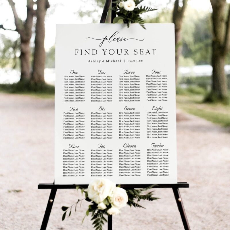 Simple Calligraphy 12 Tables Wedding Seating Chart Foam Board