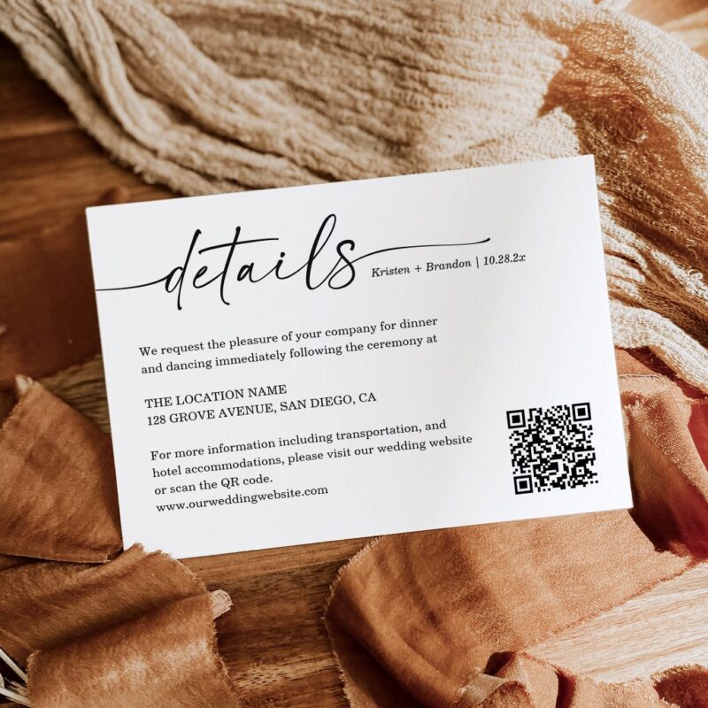Simple Handwritten Script Wedding Details QR Code Enclosure Card