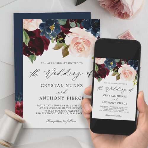 Simple luxurious burgundy navy floral wedding invitation r vsatkn 1024