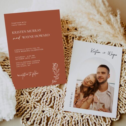 Simple minimalist terracotta photo wedding invitation r vshe12 1024