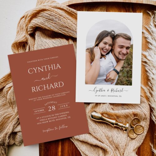 Simple terracotta burnt orange photo wedding invitation r vsaybw 1024