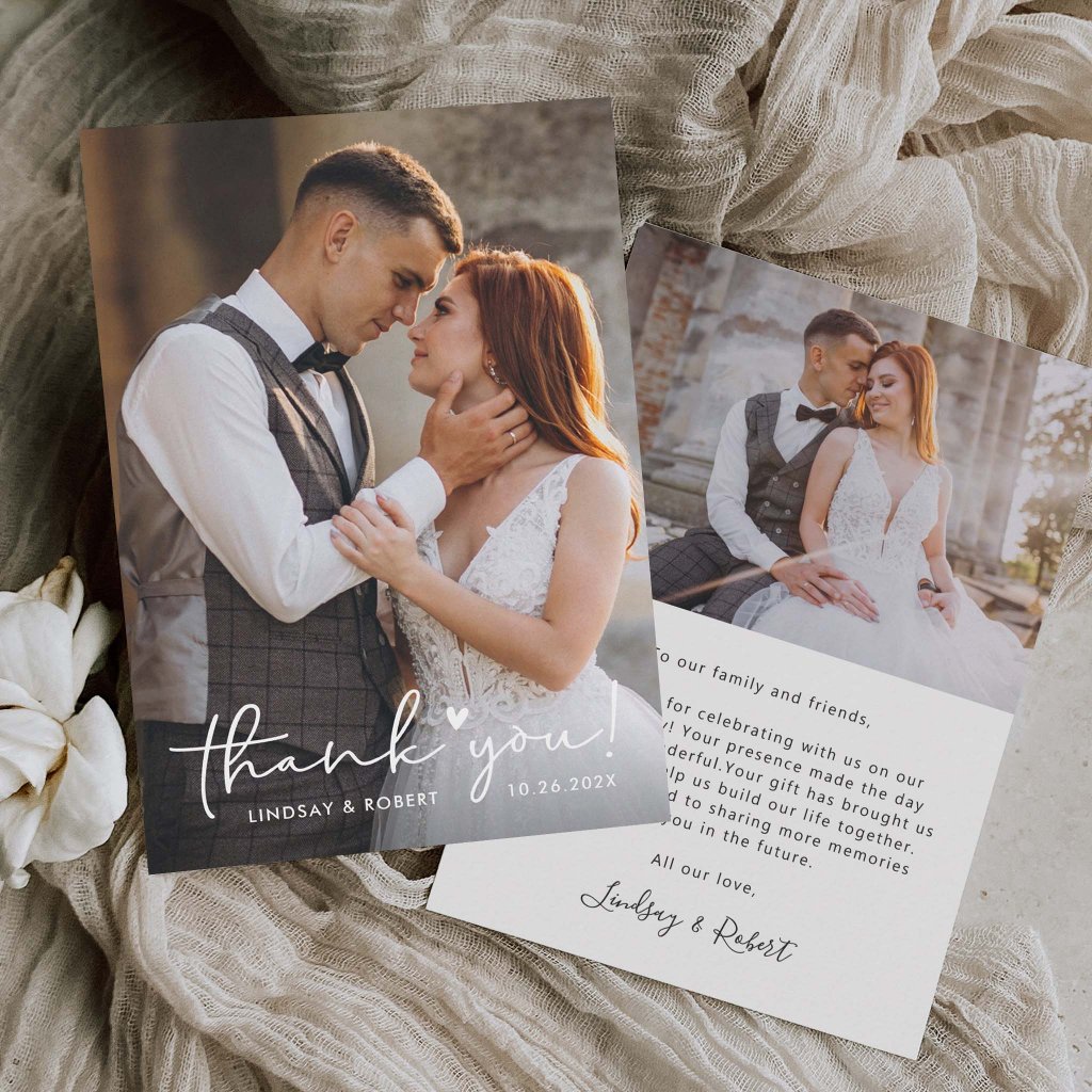 Sweet Love Heart Handwritten Script Wedding Photo  Thank You Card