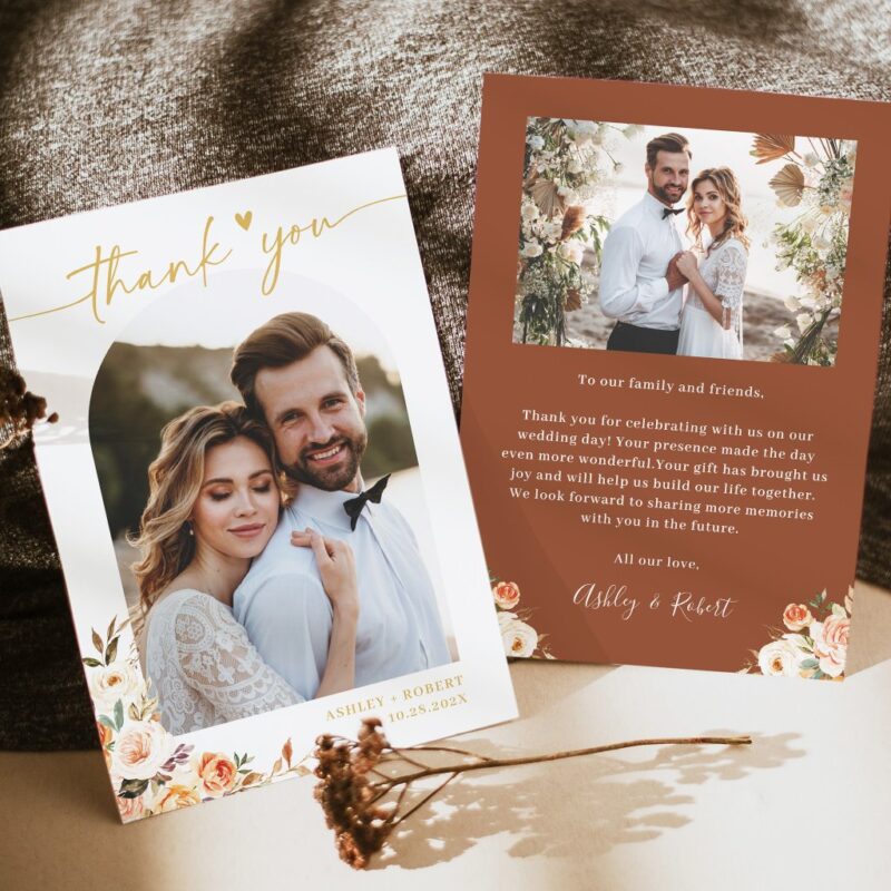Terracotta Autumn Floral Modern Arch Wedding Photo Thank You Card