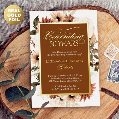 Terracotta boho floral wedding anniversary gold foil invitation r vs79hp 1024