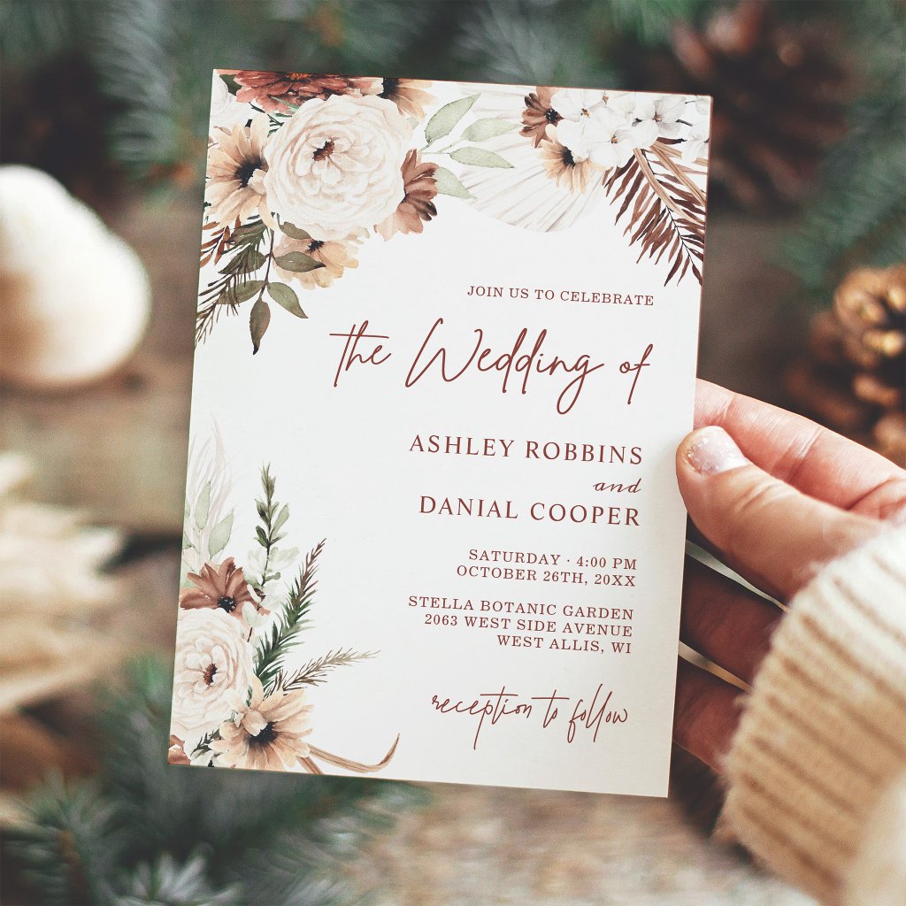 Terracotta Boho Pampas Grass Floral Autumn Wedding Invitation