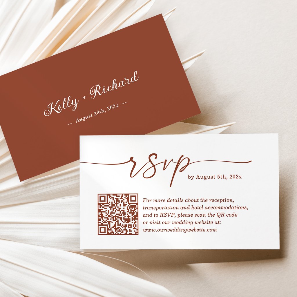 Terracotta Small Wedding RSVP Website QR Code Enclosure Card