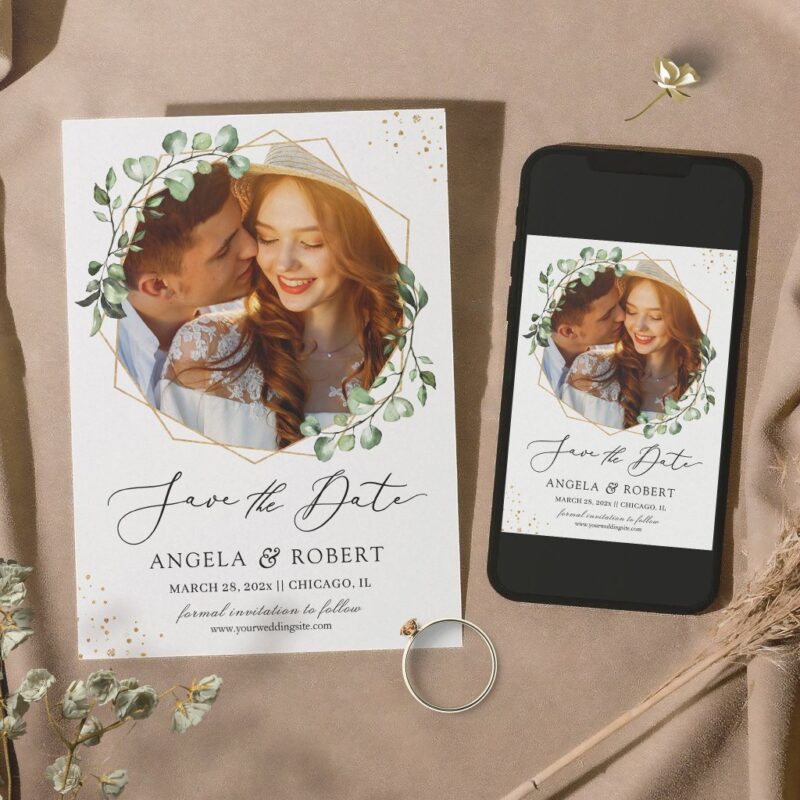 Trendy Greenery Eucalyptus Geometric Frame Photo Save The Date