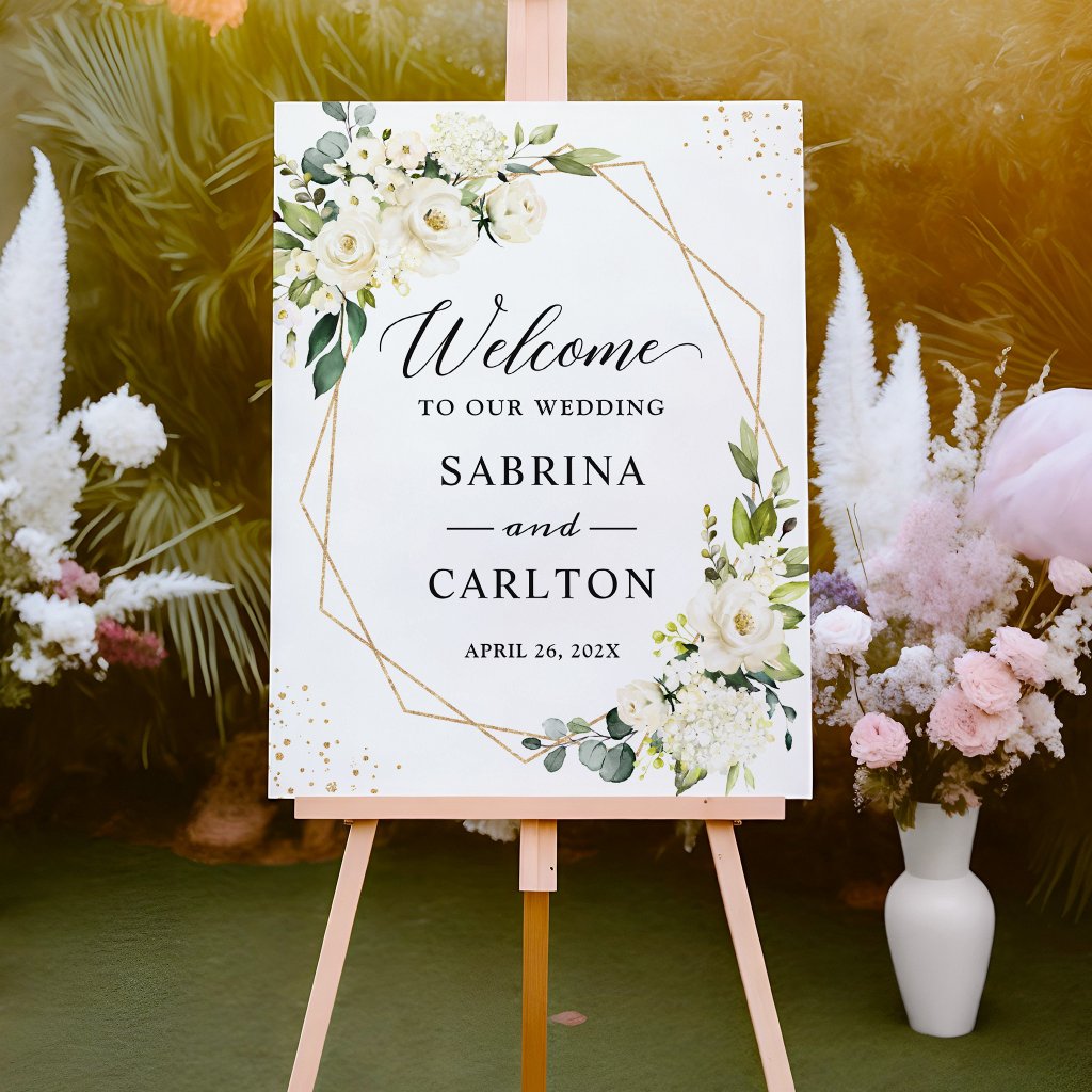 Trendy Greenery White Floral Wedding Welcome Foam Board