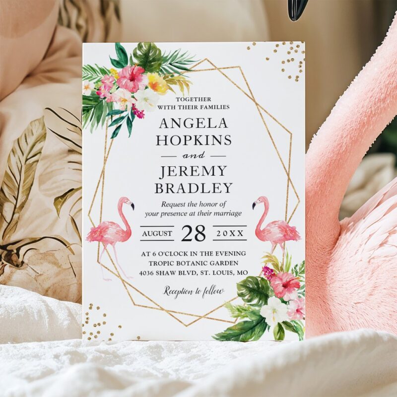 Tropical Floral Flamingo Summer Luau Wedding Invitation