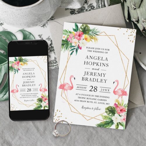 Tropical floral gold frame flamingo summer wedding invitation r vstjvg 1024