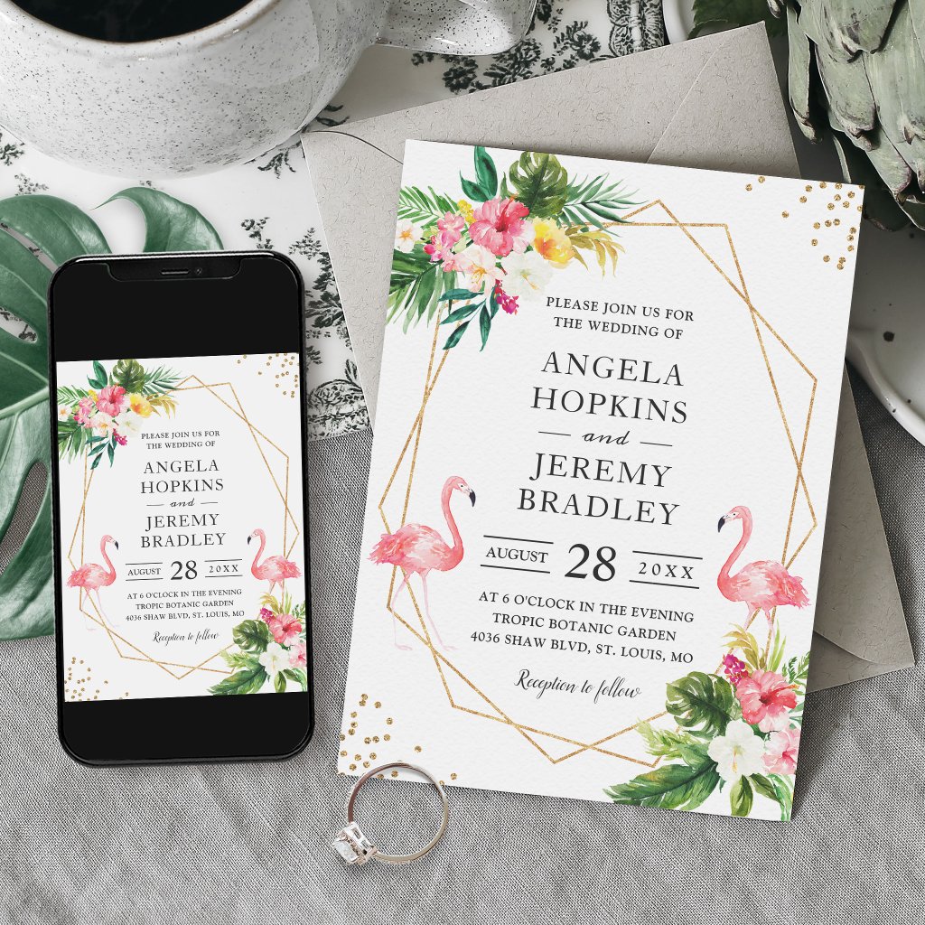 Tropical Floral Gold Frame Flamingo Summer Wedding Invitation
