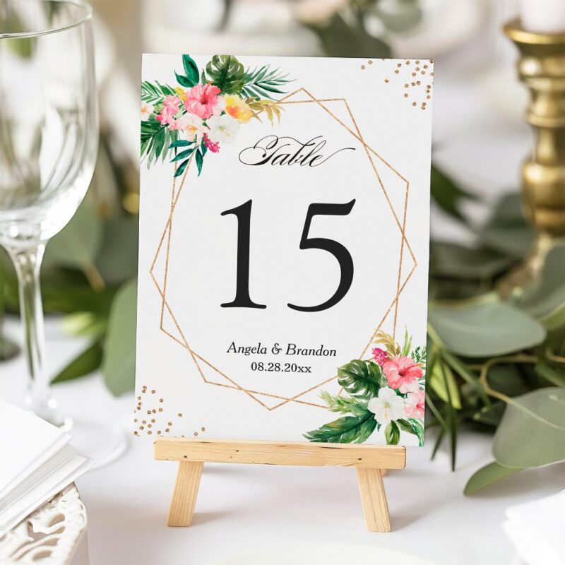 Tropical Floral Leaves Luau Wedding Table Number