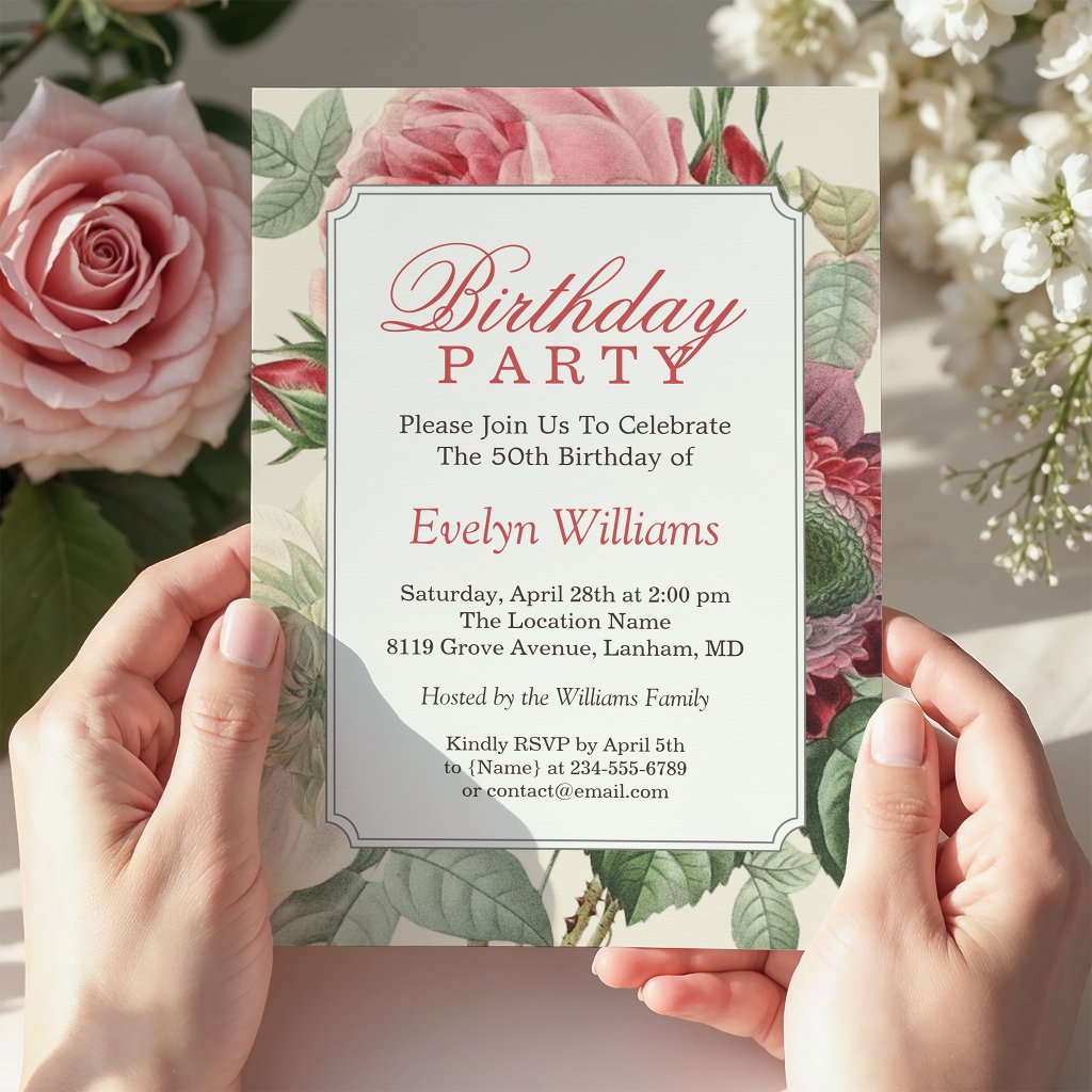 Vintage Botanical Floral Adult Birthday Party Invitation