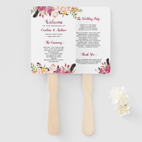 Watercolor Boho Floral Feather Wedding Program Hand Fan