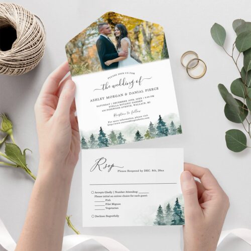 Watercolor pine tree forest woods wedding photo all in one invitation r ifopkd 1024
