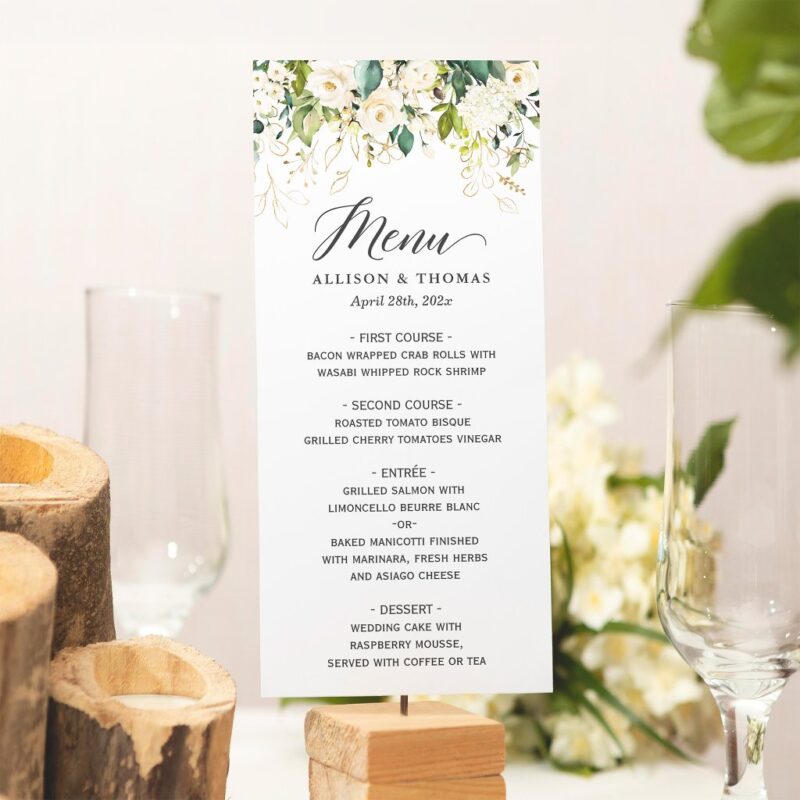 White Roses Greenery Gold Floral Wedding Menu