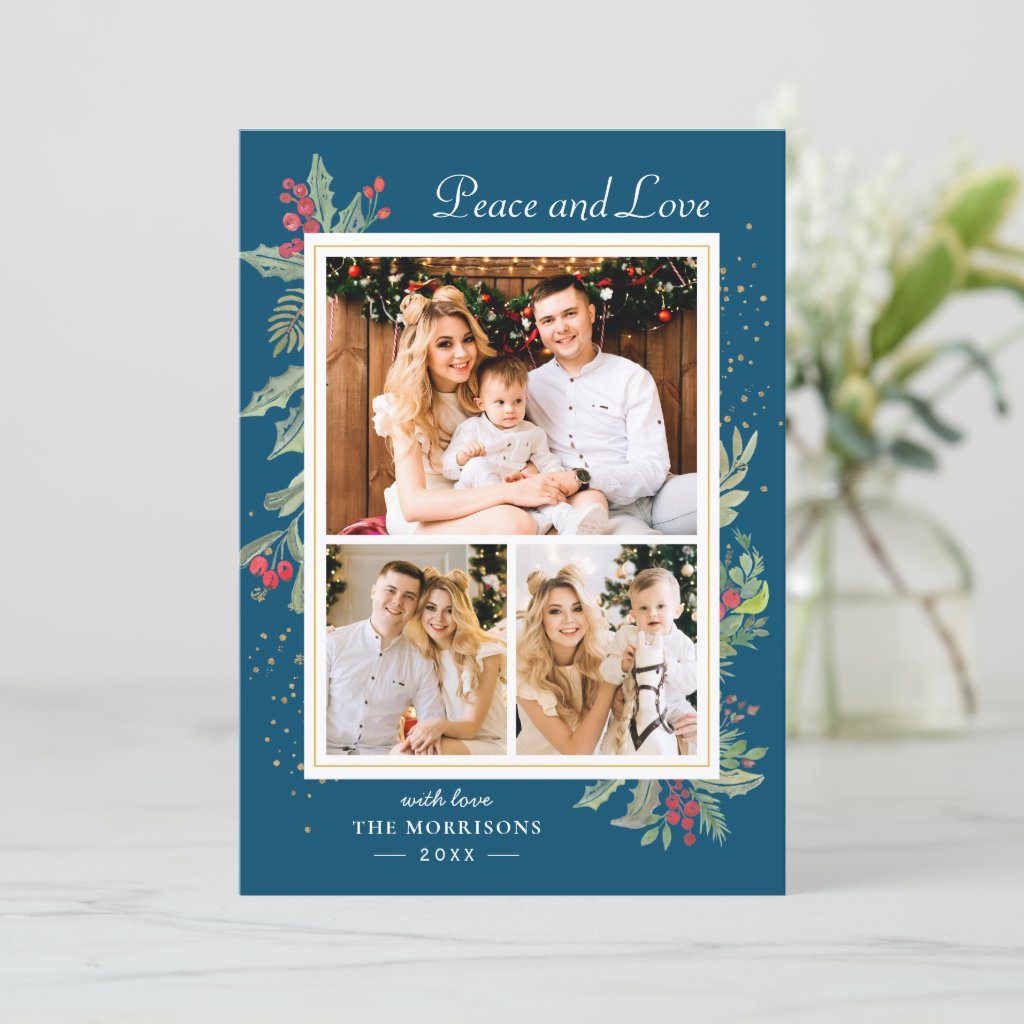 Winter Blue Peace and Love Holly Berries 3 Photo Holiday Card