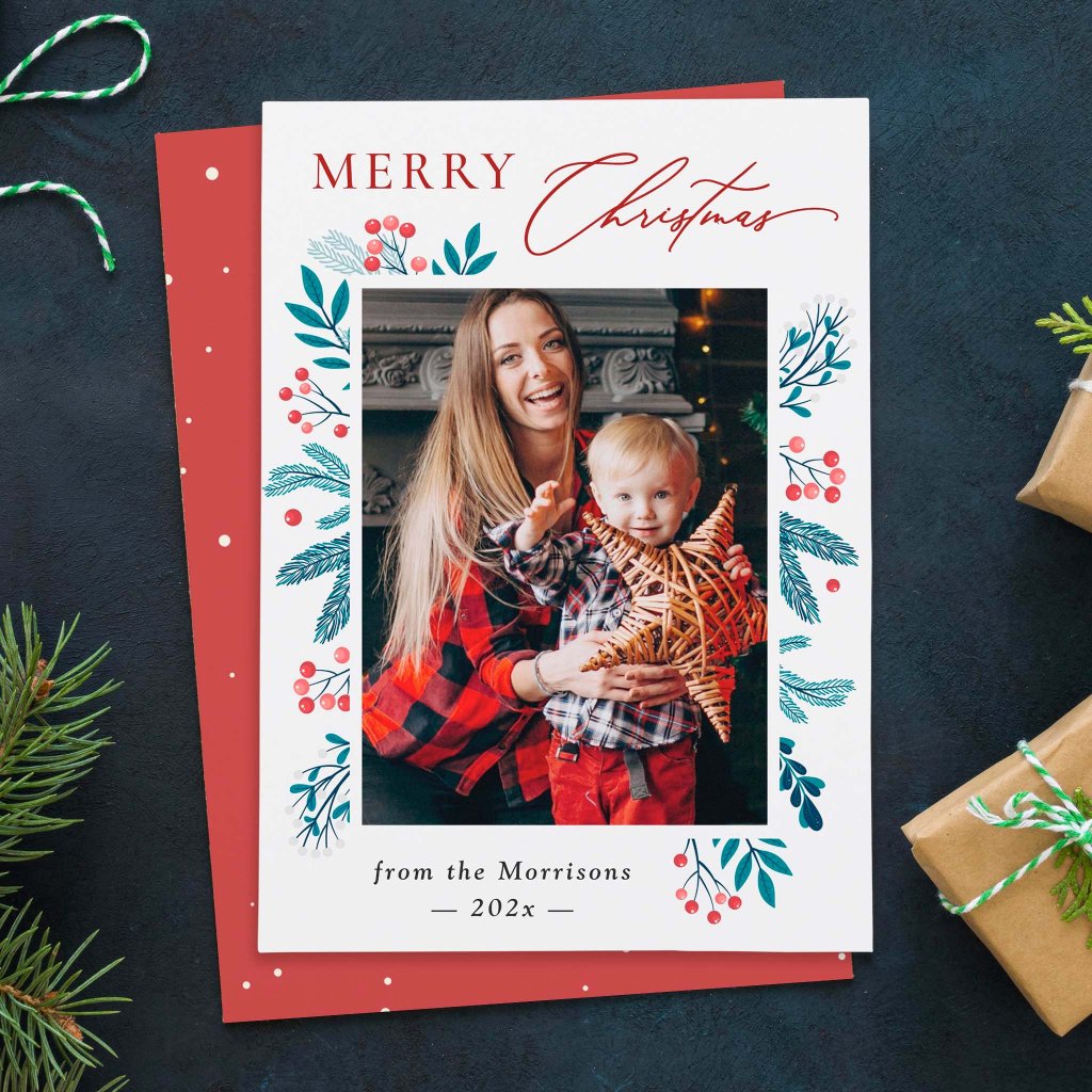Winter Floral Pine Leaves Merry Christmas Photo Holiday Card