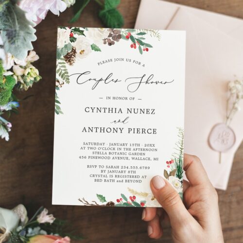Winter wedding couples shower rustic chic flowers invitation r ic54i6 1024