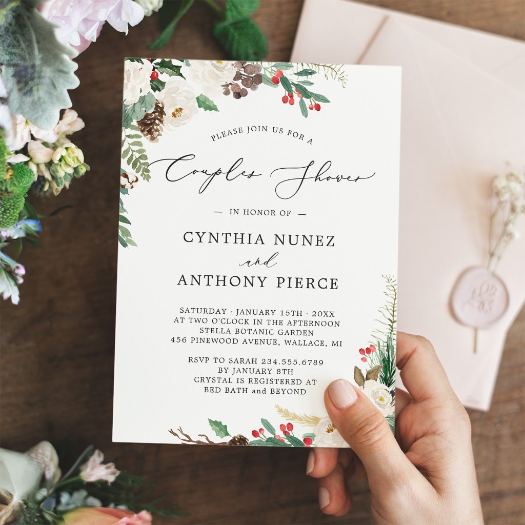 Winter Wedding Couples Shower Rustic Chic Flowers Invitation