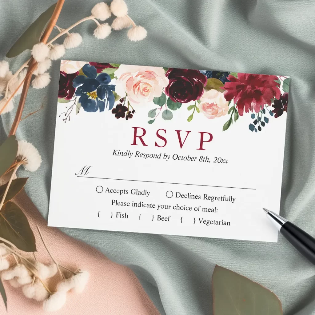 Burgundy bloom blush blue floral wedding rsvp card